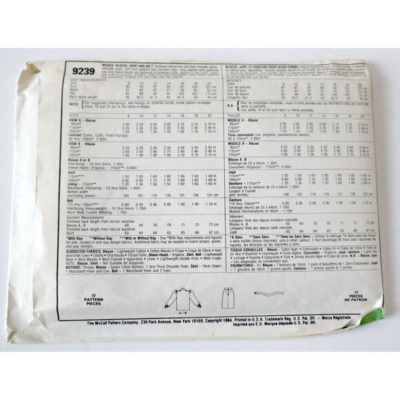 McCall's 9239 Sewing Pattern Misses' Dynasty Misses Blouse Belt and Skirt  Uncut - Picture 3 of 3